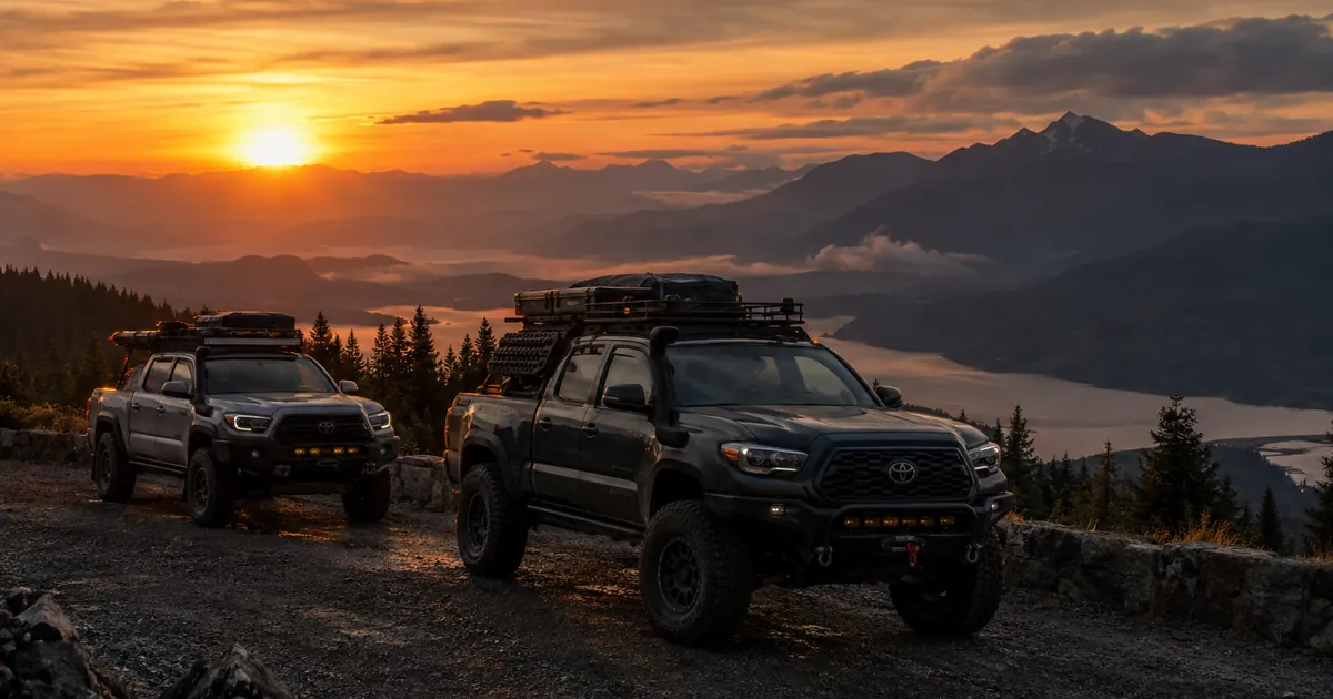 Two pickup trucks with roof racks and off-road gear parked on a mountain overlook at sunrise