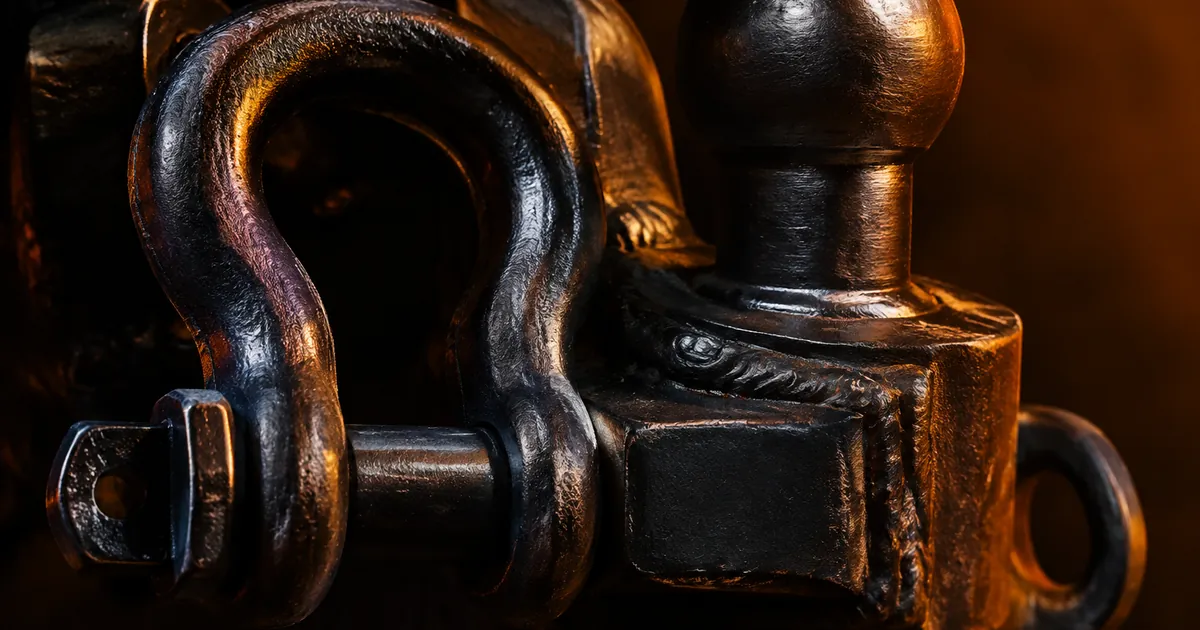 Macro detail of forged steel shackle and blackened truck hardware with dramatic side lighting