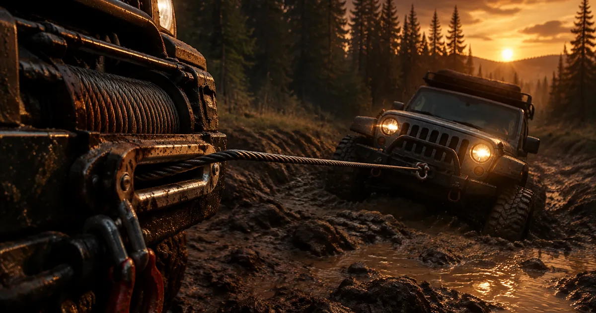 Truck winch with steel cable under tension recovering a vehicle on a muddy forest trail