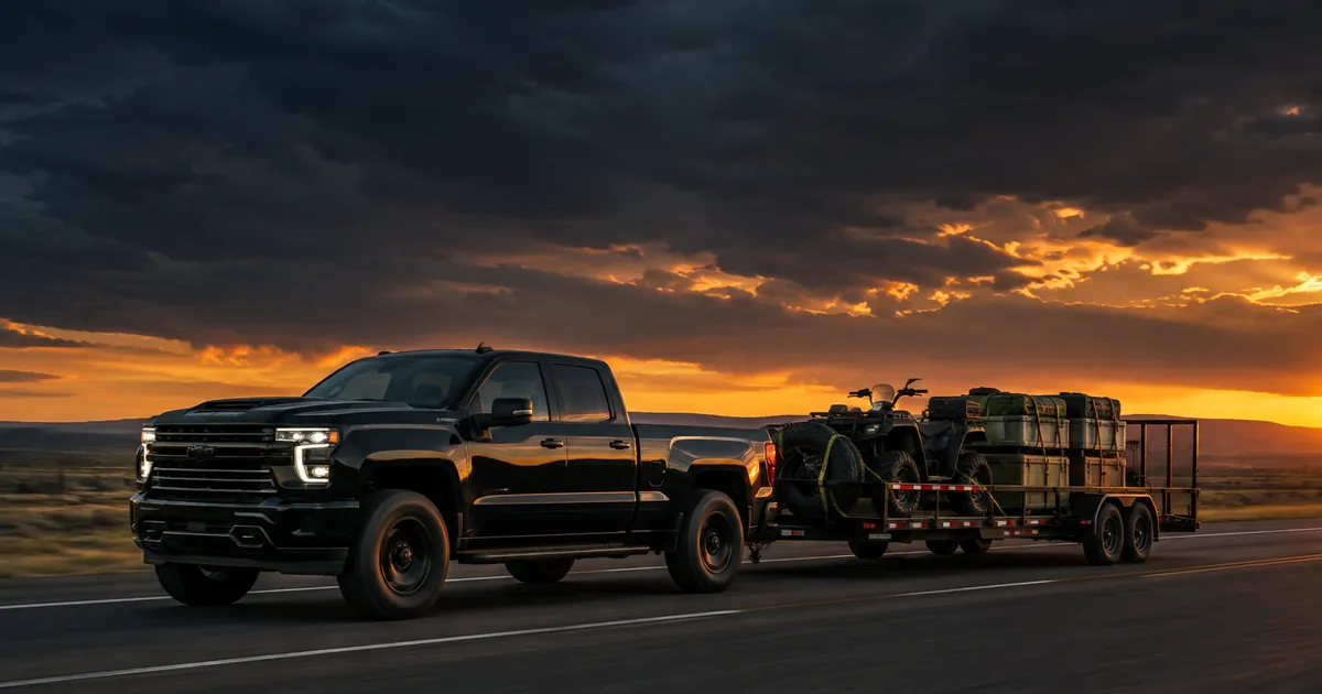 Black pickup truck towing a loaded utility trailer on an open highway at dusk