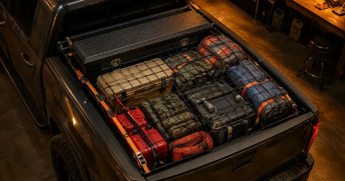 Pickup truck bed loaded with organized cargo, straps and gear in a dark garage