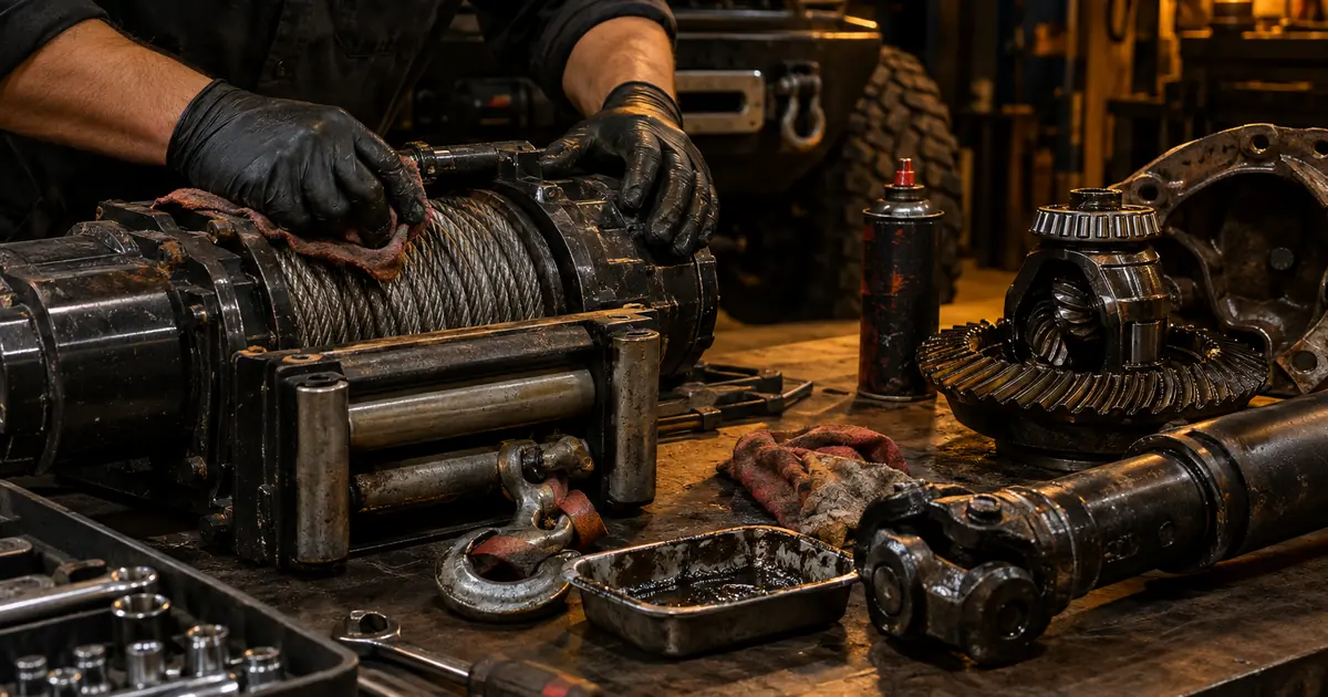 Gloved hands servicing a truck winch on a workshop bench with tools and lubricant