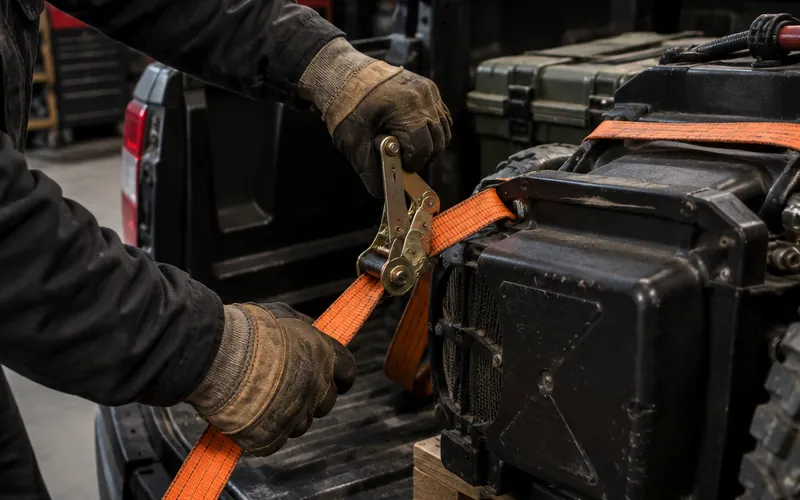 Gloved hands tightening a ratchet strap over gear in a truck bed