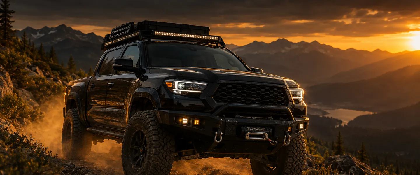 Black off-road pickup with roof rack, LED light bar and winch on a mountain trail at sunset